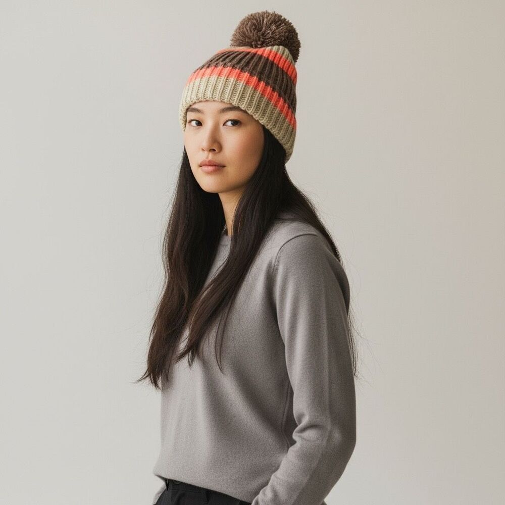 L.L.Bean Pom Pom Chunky Knit Beanie Hat Neon Coral Pink Brown Taupe Stripe - NWT